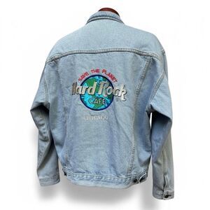 Vtg 1990's Hard Rock Cafe CHICAGO Save the Planet Denim Jacket size XL XLarge